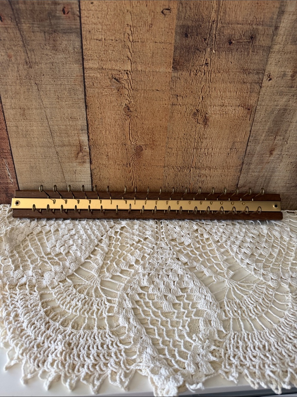 VTG MCM Wall-Mounted Tie/Belts or Necklace Rack, Wood and Brass